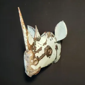 Recycled metal sculpture rhinoceros trophy for wall 30x17.5cm