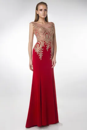Robe rouge femme sirène cérémonie col rond mi transparent & parée de paillettes